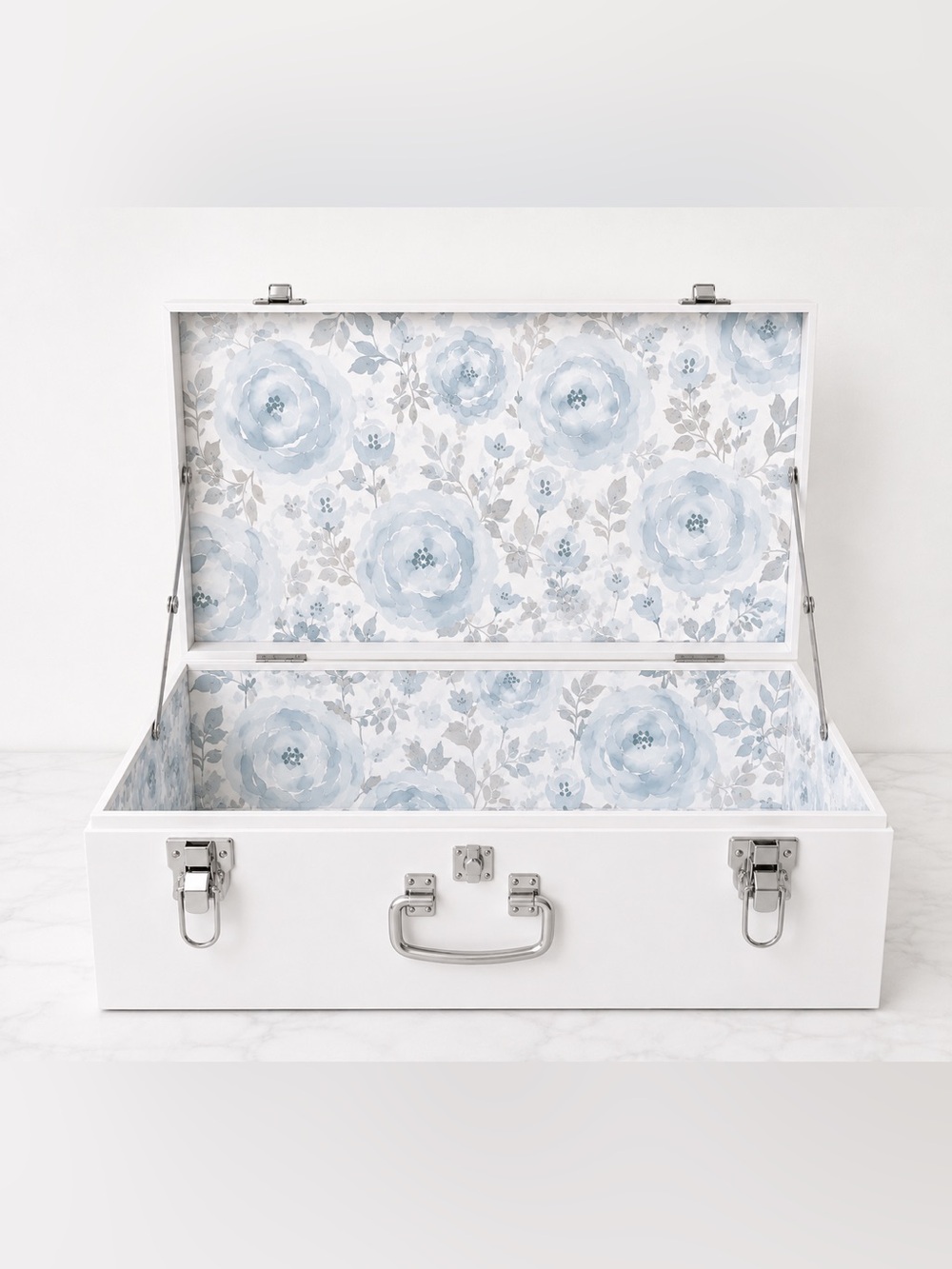 Floral Storage Trunk in White & Blue Like New